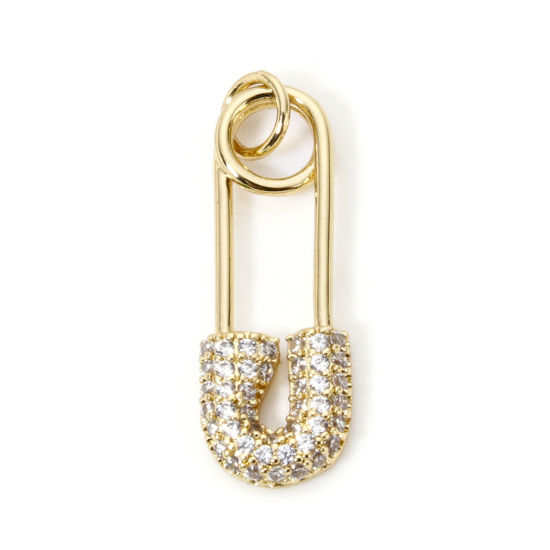 Picture of 1 Piece Eco-friendly Brass Micro Pave Charms 18K Real Gold Plated Pin Clear Cubic Zirconia 26mm x 8mm