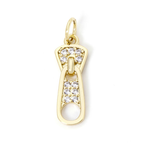 Picture of 1 Piece Eco-friendly Brass Micro Pave Charms 18K Real Gold Plated Zipper Clear Cubic Zirconia 21mm x 6mm