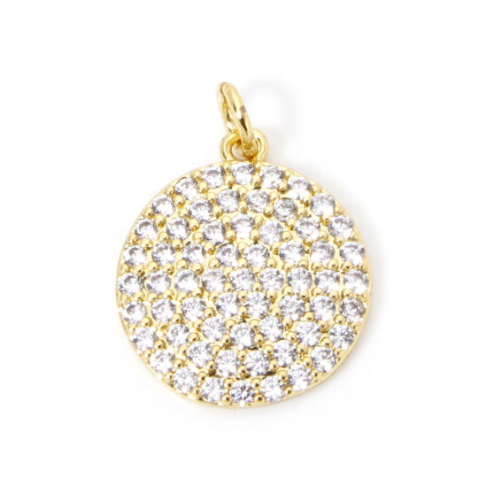 Picture of 1 Piece Eco-friendly Brass Micro Pave Charms 18K Real Gold Plated Round Clear Cubic Zirconia 17mm x 12.5mm