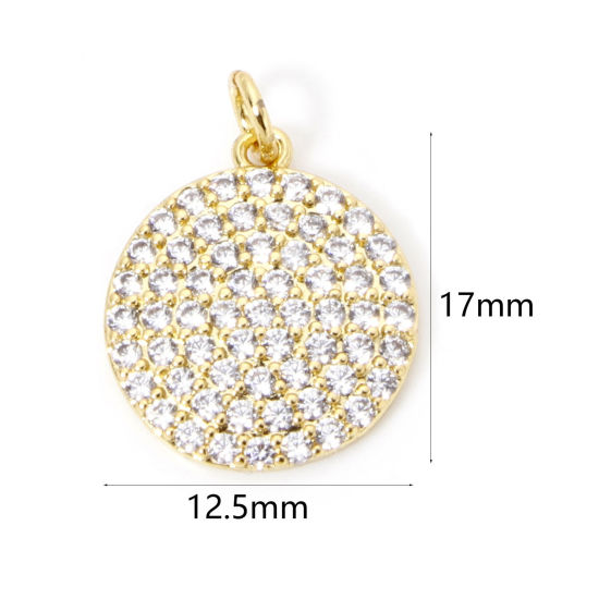 Picture of 1 Piece Eco-friendly Brass Micro Pave Charms 18K Real Gold Plated Round Clear Cubic Zirconia 17mm x 12.5mm