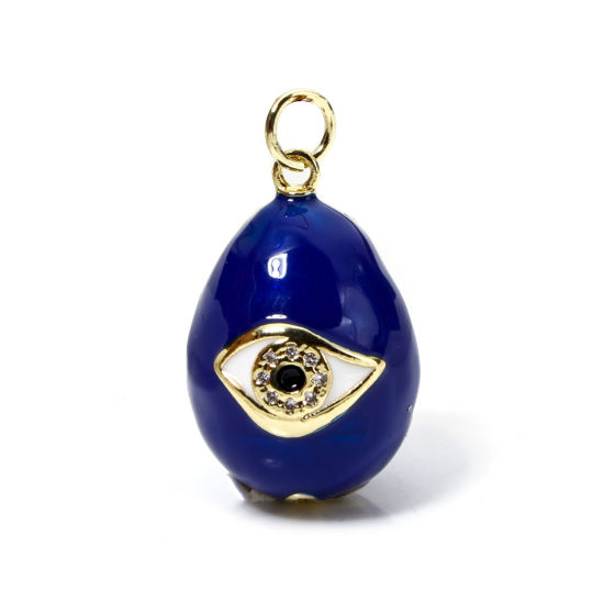 Picture of 1 Piece Eco-friendly Brass Religious Charms 18K Real Gold Plated Dark Blue Egg Evil Eye Enamel 25mm x 15mm