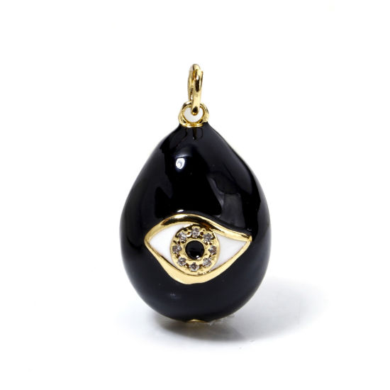 Picture of 1 Piece Eco-friendly Brass Religious Charms 18K Real Gold Plated Black Egg Evil Eye Enamel 25mm x 15mm