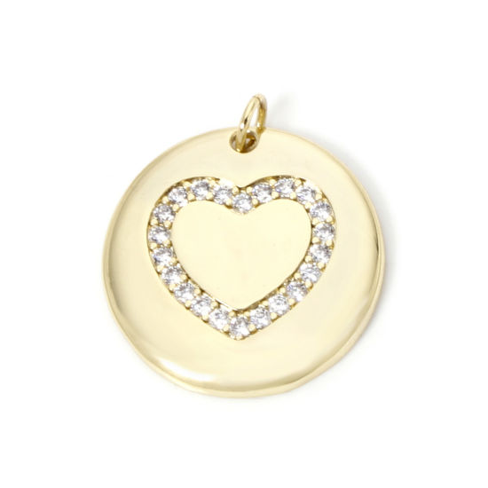 Picture of 1 Piece Eco-friendly Brass Valentine's Day Charms 18K Real Gold Plated Heart Micro Pave Clear Cubic Zirconia 25mm x 22mm