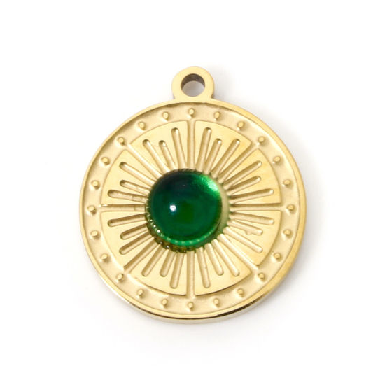 Picture of 2 PCs Vacuum Plating 304 Stainless Steel Charms 18K Gold Plated Green Round 14mm x 12mm