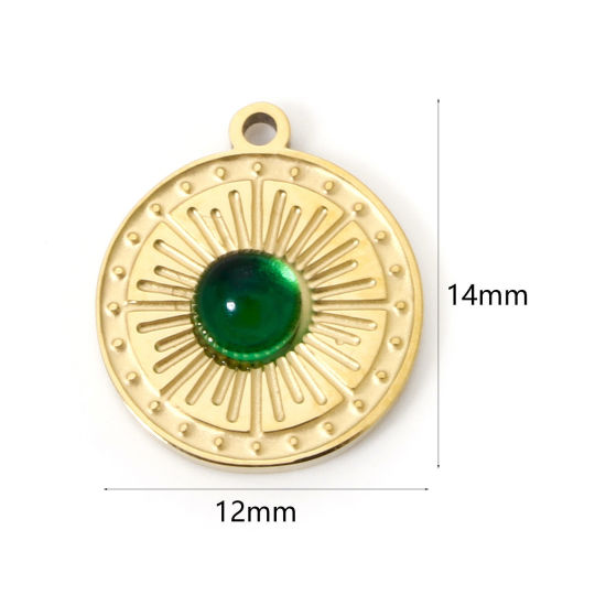 Picture of 2 PCs Vacuum Plating 304 Stainless Steel Charms 18K Gold Plated Green Round 14mm x 12mm