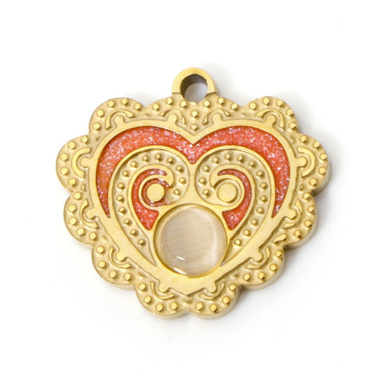 Picture of 2 PCs Vacuum Plating 304 Stainless Steel Charms 18K Gold Plated Heart Glitter 16.5mm x 15mm