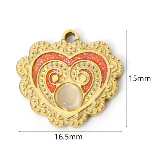 Picture of 2 PCs Vacuum Plating 304 Stainless Steel Charms 18K Gold Plated Heart Glitter 16.5mm x 15mm