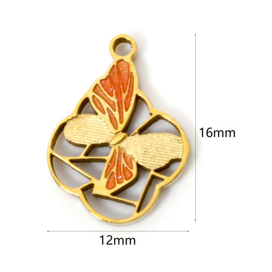 Picture of 2 PCs Vacuum Plating 304 Stainless Steel Charms 18K Gold Plated Quadrilateral Butterfly Glitter 16mm x 12mm