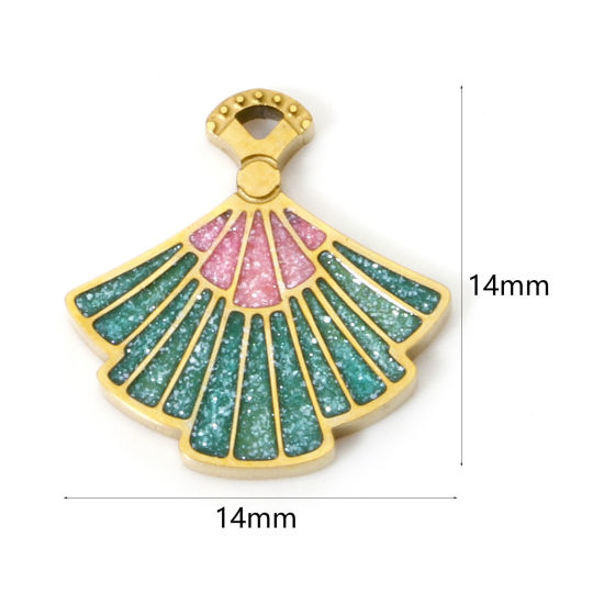 Picture of 2 PCs Vacuum Plating 304 Stainless Steel Charms 18K Gold Plated Fan-shaped Glitter 14mm x 14mm