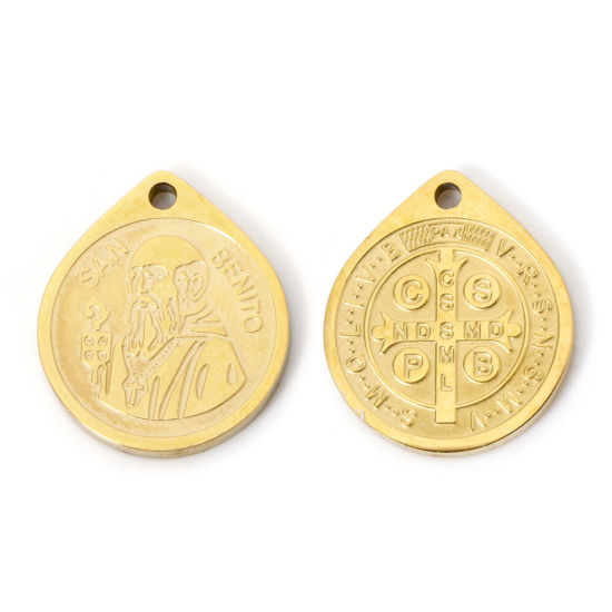 Picture of 2 PCs Vacuum Plating 304 Stainless Steel Charms 18K Gold Plated Drop St. Benedict Medal 17mm x 15mm