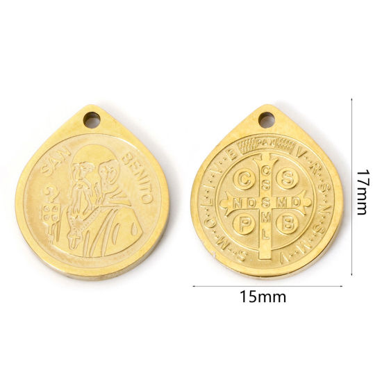 Picture of 2 PCs Vacuum Plating 304 Stainless Steel Charms 18K Gold Plated Drop St. Benedict Medal 17mm x 15mm