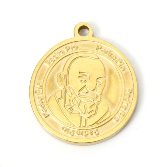 Picture of 2 PCs Vacuum Plating 304 Stainless Steel Charms 18K Gold Plated Round Padre Pio 21mm x 18mm