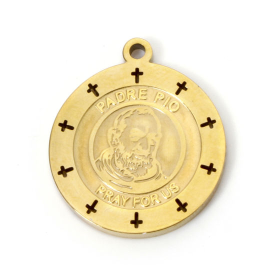 Picture of 2 PCs Vacuum Plating 304 Stainless Steel Charms 18K Gold Plated Round Padre Pio 21mm x 18mm