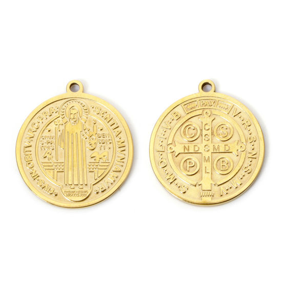 Picture of 2 PCs Vacuum Plating 304 Stainless Steel Charms 18K Gold Plated Round St. Benedict Medal 22mm x 20mm