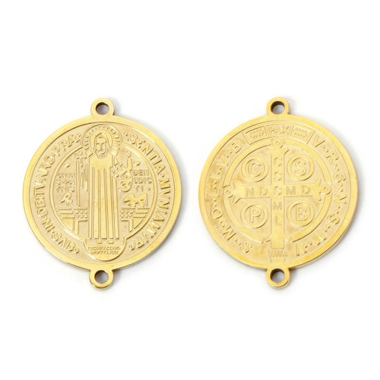 Picture of 2 PCs Vacuum Plating 304 Stainless Steel Connectors Charms Pendants 18K Gold Plated Round St. Benedict Medal 24mm x 20mm