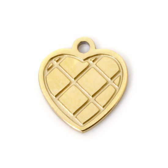 Picture of 2 PCs Vacuum Plating 304 Stainless Steel Charms 18K Gold Plated Heart Grid Checker Mini 9mm x 8mm