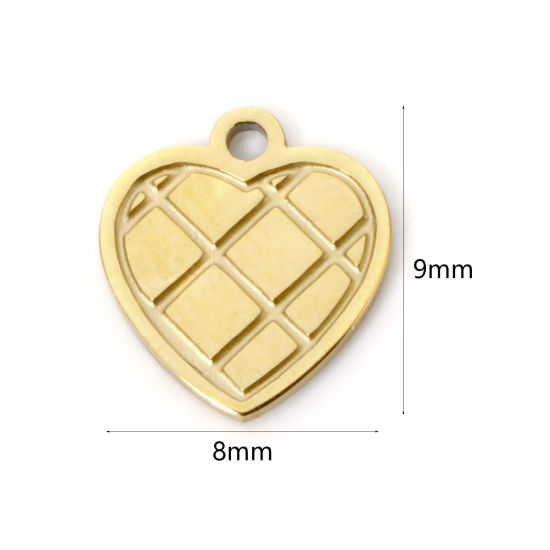 Picture of 2 PCs Vacuum Plating 304 Stainless Steel Charms 18K Gold Plated Heart Grid Checker Mini 9mm x 8mm