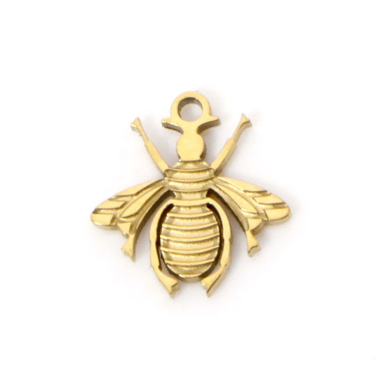 Picture of 2 PCs Vacuum Plating 304 Stainless Steel Charms 18K Gold Plated Bee Animal Mini 8mm x 8mm