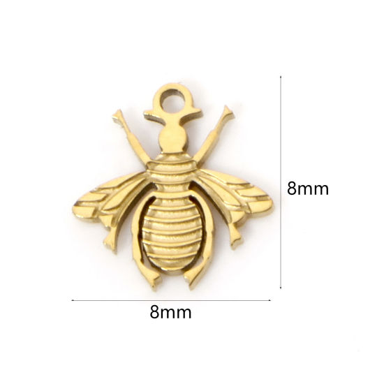 Picture of 2 PCs Vacuum Plating 304 Stainless Steel Charms 18K Gold Plated Bee Animal Mini 8mm x 8mm