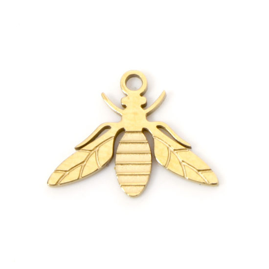 Picture of 2 PCs Vacuum Plating 304 Stainless Steel Charms 18K Gold Plated Bee Animal Mini 12mm x 9mm