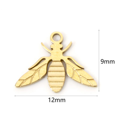 Picture of 2 PCs Vacuum Plating 304 Stainless Steel Charms 18K Gold Plated Bee Animal Mini 12mm x 9mm