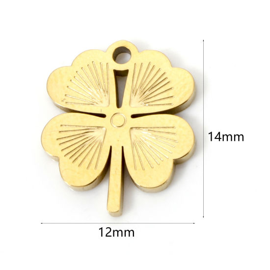 Picture of 2 PCs Vacuum Plating 304 Stainless Steel Charms 18K Gold Plated Four Leaf Clover 14mm x 12mm