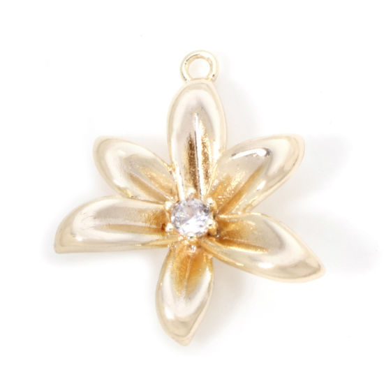 Picture of 2 PCs Eco-friendly Brass Charms 18K Real Gold Plated Flower Clear Cubic Zirconia 21mm x 18mm