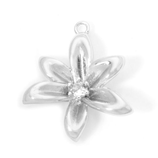 Picture of 2 PCs Eco-friendly Brass Charms Real Platinum Plated Flower Clear Cubic Zirconia 21mm x 18mm