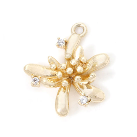 Picture of 2 PCs Eco-friendly Brass Charms 18K Real Gold Plated Flower Clear Cubic Zirconia 17mm x 15mm