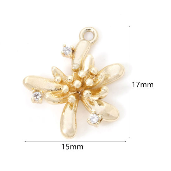 Picture of 2 PCs Eco-friendly Brass Charms 18K Real Gold Plated Flower Clear Cubic Zirconia 17mm x 15mm