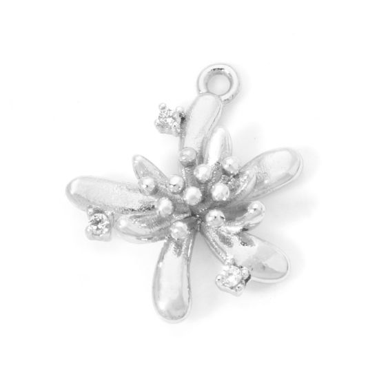 Picture of 2 PCs Eco-friendly Brass Charms Real Platinum Plated Flower Clear Cubic Zirconia 17mm x 15mm