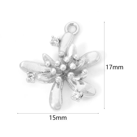 Picture of 2 PCs Eco-friendly Brass Charms Real Platinum Plated Flower Clear Cubic Zirconia 17mm x 15mm