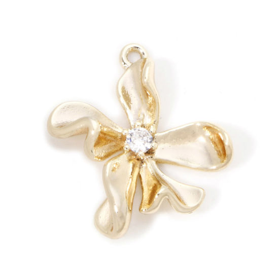 Picture of 2 PCs Eco-friendly Brass Charms 18K Real Gold Plated Flower Clear Cubic Zirconia 20mm x 18mm