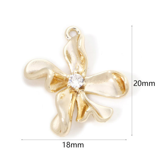 Picture of 2 PCs Eco-friendly Brass Charms 18K Real Gold Plated Flower Clear Cubic Zirconia 20mm x 18mm