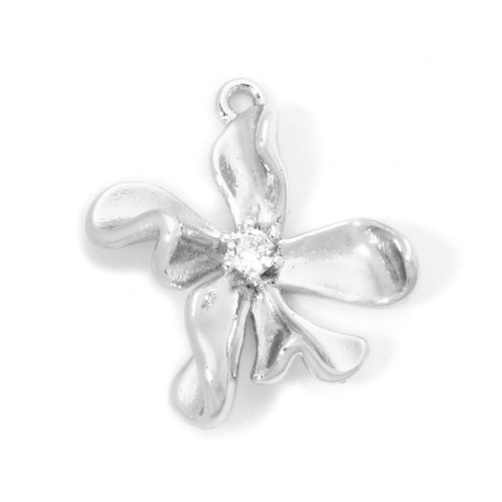 Picture of 2 PCs Eco-friendly Brass Charms Real Platinum Plated Flower Clear Cubic Zirconia 20mm x 18mm