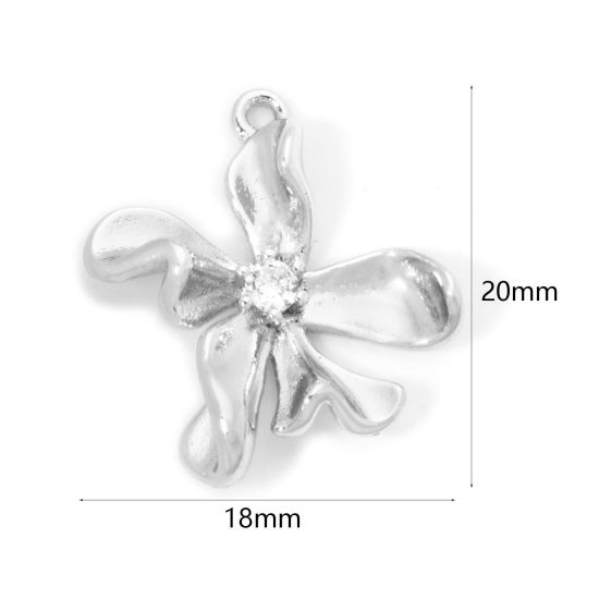 Picture of 2 PCs Eco-friendly Brass Charms Real Platinum Plated Flower Clear Cubic Zirconia 20mm x 18mm