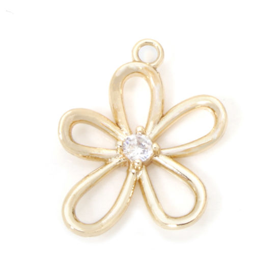 Picture of 2 PCs Eco-friendly Brass Charms 18K Real Gold Plated Flower Hollow Clear Cubic Zirconia 17mm x 14mm