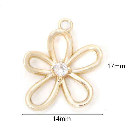 Picture of 2 PCs Eco-friendly Brass Charms 18K Real Gold Plated Flower Hollow Clear Cubic Zirconia 17mm x 14mm