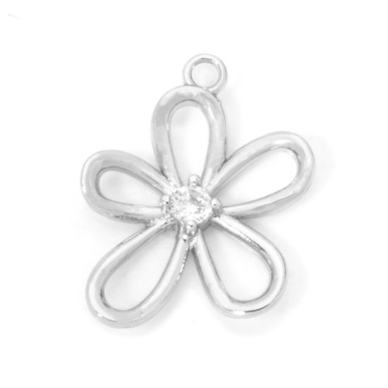 Picture of 2 PCs Eco-friendly Brass Charms Real Platinum Plated Flower Hollow Clear Cubic Zirconia 17mm x 14mm