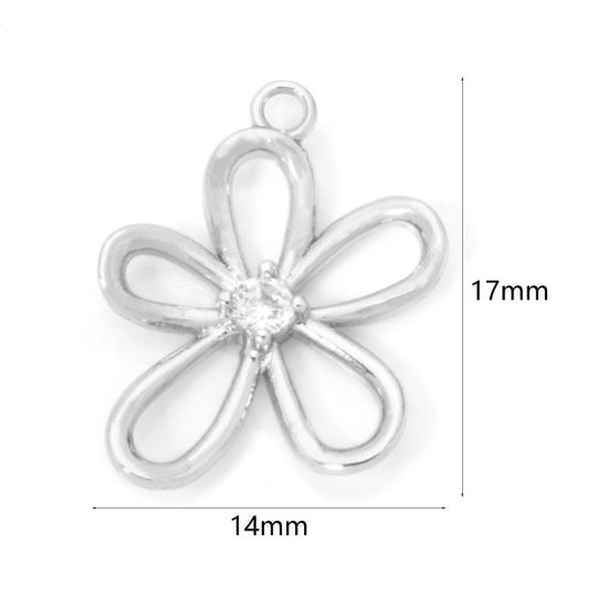 Picture of 2 PCs Eco-friendly Brass Charms Real Platinum Plated Flower Hollow Clear Cubic Zirconia 17mm x 14mm