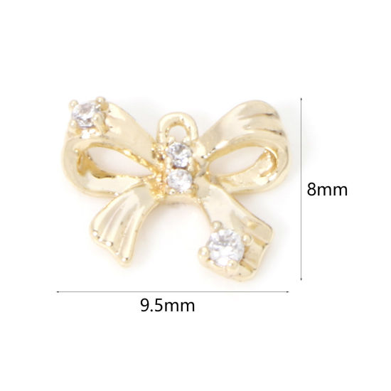 Picture of 2 PCs Eco-friendly Brass Clothes Mini Charm Tiny Charm 18K Real Gold Plated Bowknot Clear Cubic Zirconia 9.5mm x 8mm