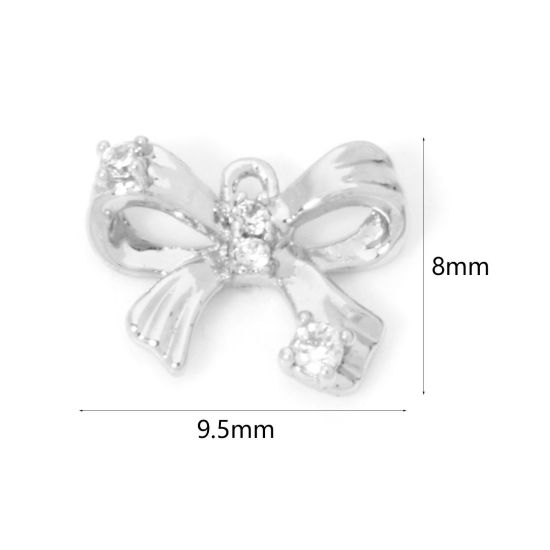 Picture of 2 PCs Eco-friendly Brass Clothes Mini Charm Tiny Charm Real Platinum Plated Bowknot Clear Cubic Zirconia 9.5mm x 8mm