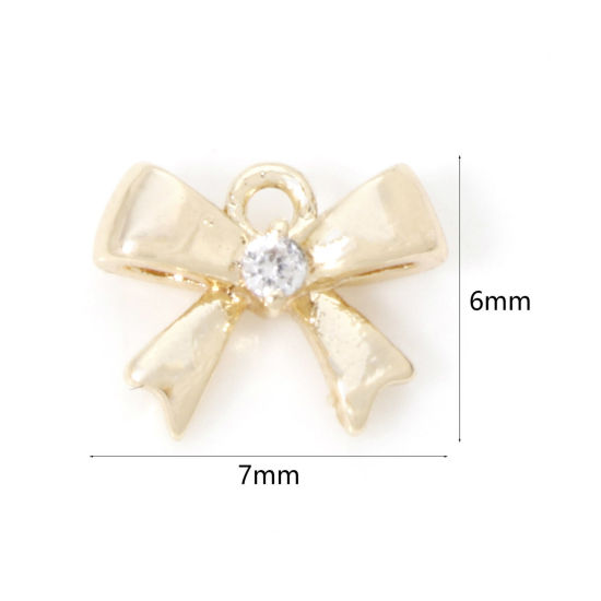 Picture of 2 PCs Eco-friendly Brass Clothes Mini Charm Tiny Charm 18K Real Gold Plated Bowknot Clear Cubic Zirconia 7mm x 6mm