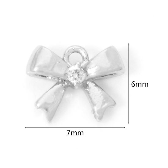 Picture of 2 PCs Eco-friendly Brass Clothes Mini Charm Tiny Charm Real Platinum Plated Bowknot Clear Cubic Zirconia 7mm x 6mm