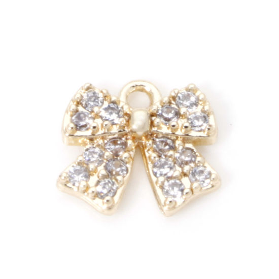 Picture of 2 PCs Eco-friendly Brass Clothes Mini Charm Tiny Charm 18K Real Gold Plated Bowknot Micro Pave Clear Cubic Zirconia 7mm x 6mm