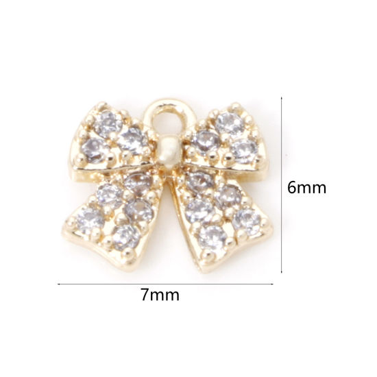 Picture of 2 PCs Eco-friendly Brass Clothes Mini Charm Tiny Charm 18K Real Gold Plated Bowknot Micro Pave Clear Cubic Zirconia 7mm x 6mm