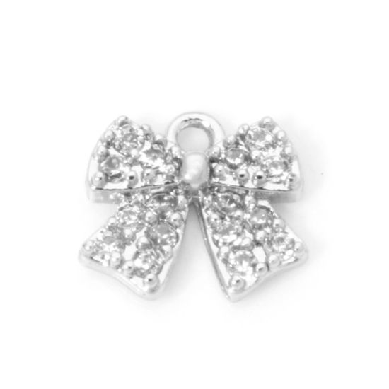 Picture of 2 PCs Eco-friendly Brass Clothes Mini Charm Tiny Charm Real Platinum Plated Bowknot Micro Pave Clear Cubic Zirconia 7mm x 6mm