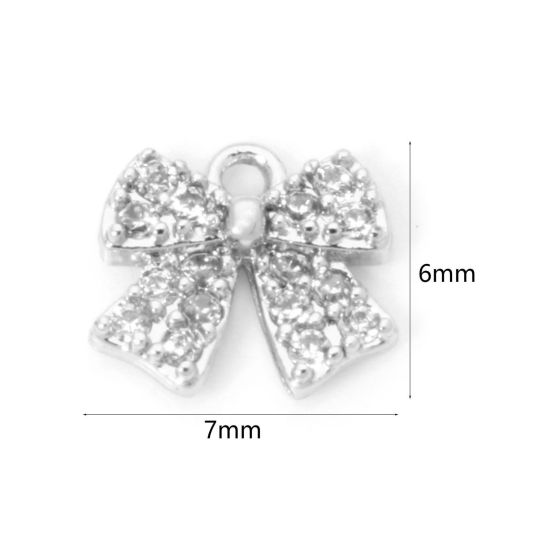 Picture of 2 PCs Eco-friendly Brass Clothes Mini Charm Tiny Charm Real Platinum Plated Bowknot Micro Pave Clear Cubic Zirconia 7mm x 6mm