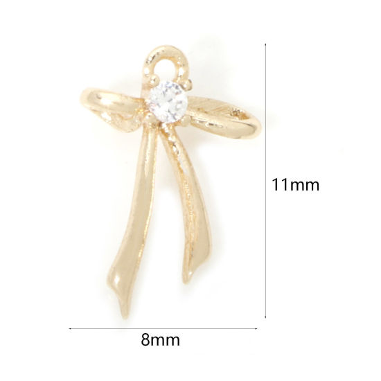 Picture of 2 PCs Eco-friendly Brass Clothes Mini Charm Tiny Charm 18K Real Gold Plated Bowknot Clear Cubic Zirconia 11mm x 8mm