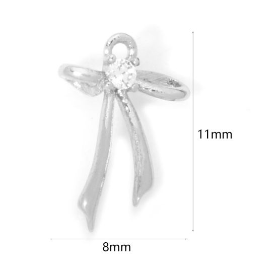 Picture of 2 PCs Eco-friendly Brass Clothes Mini Charm Tiny Charm Real Platinum Plated Bowknot Clear Cubic Zirconia 11mm x 8mm